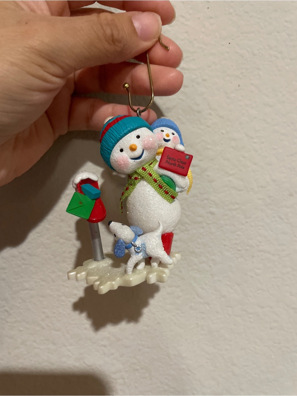 Hallmark White Snowman Ornament with Blue Hat, Green Scarf and Red Accents